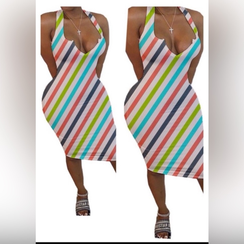 Multicolor Striped Bodycon Dress | Sexy V-Neck Summer Midi | M - XXXL